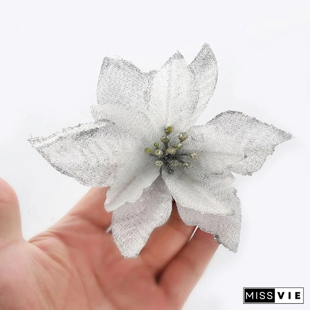 10 Pcs/Set Glitter Christmas Flower Poinsettia Christmas Tree Decorations Ornaments Christmas DIY Craft 11 Colors