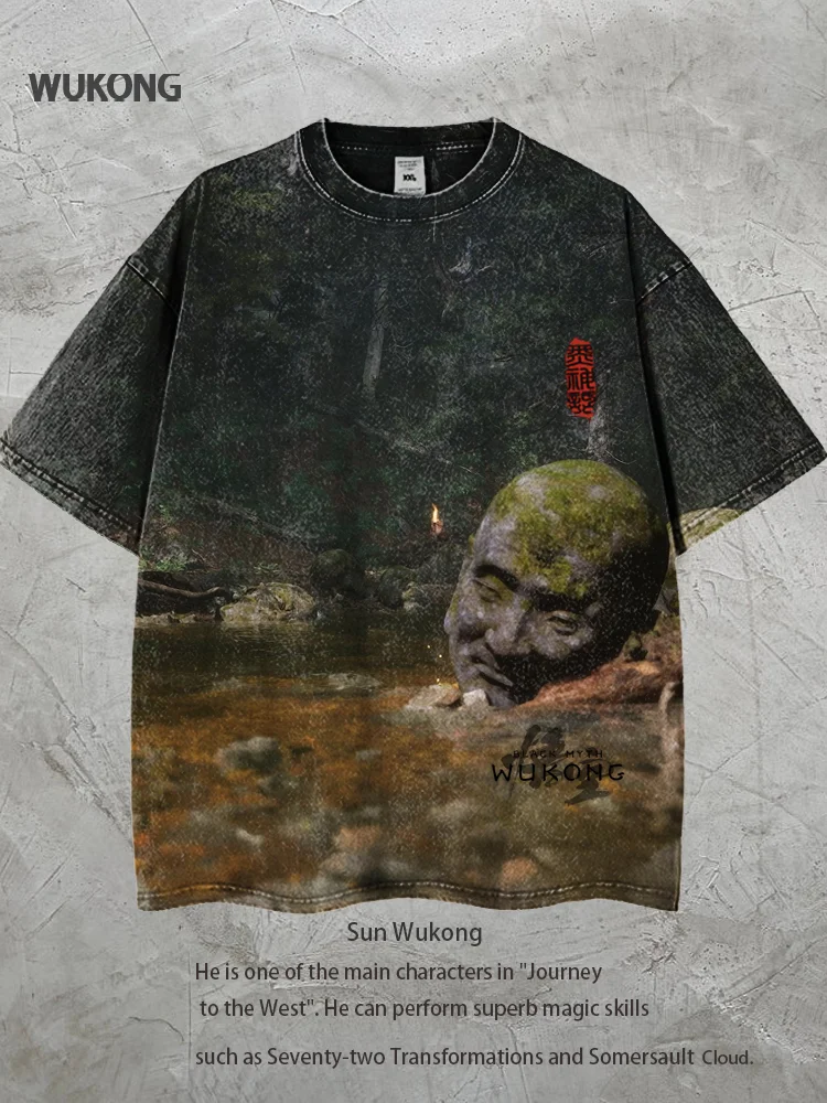 Unisex Vintage Washed Wukong Mythology Printed Short Sleeve T-Shirt