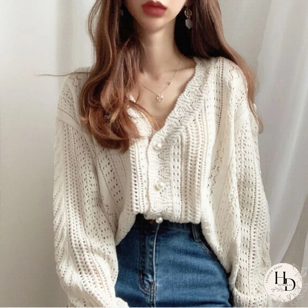 Women Spring Summer Sweater And Cardigans Low V-Neck Knit Tops Long Sleeve Hollow Out Sexy Cardigan Loose White Tops