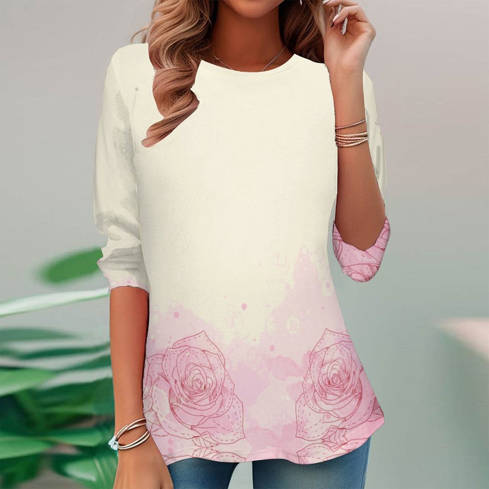 Women Long Sleeve V-neck Graphic Floral Printed Top