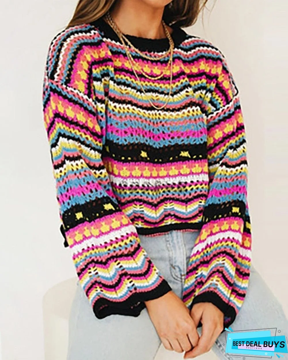 Long Sleeve Graphic Striped Print Sweater