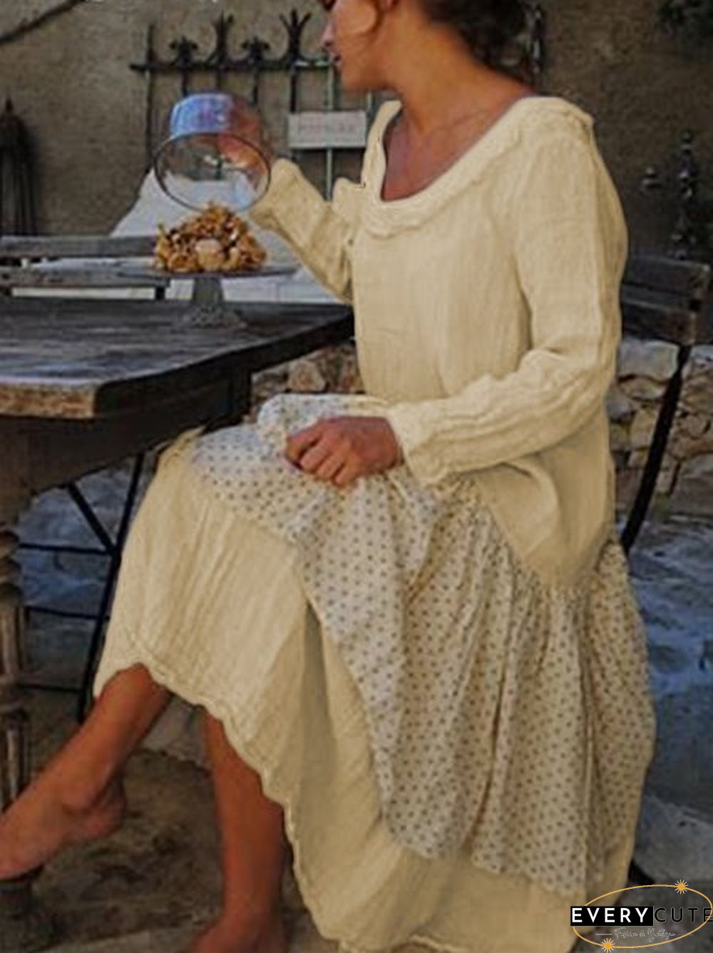 Casual Cotton-Blend Crew Neck Weaving Dress