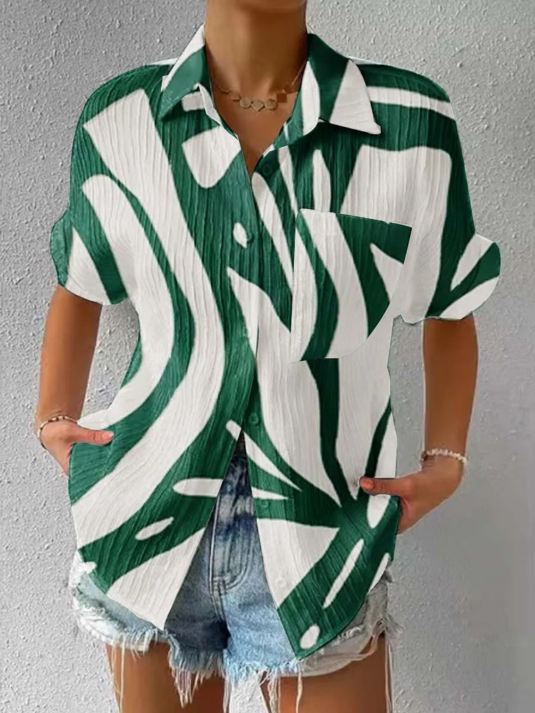 Womens Art Geometric Pattern Short Sleeve Textured Shirt