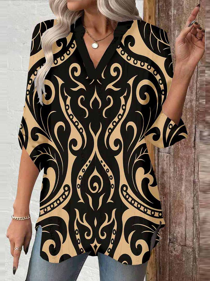 Women Perris, Black, Khaki DZGA0124 3/4 Sleeve V-neck Printed Graphic Button Tops