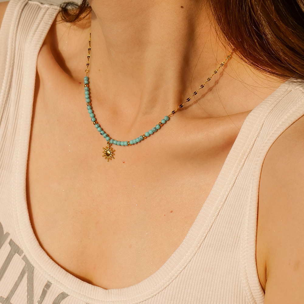 Womens Turquoise Sun Pendant Necklace