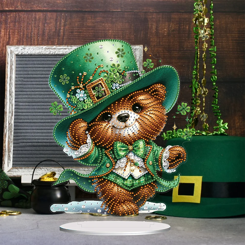 DIY Acrylic St. Patricks Day Bear Special Shape Diamond Painting Tabletop Ornament Creative Home Decor & Gift Idea for Adults - Relaxing Craft Activity