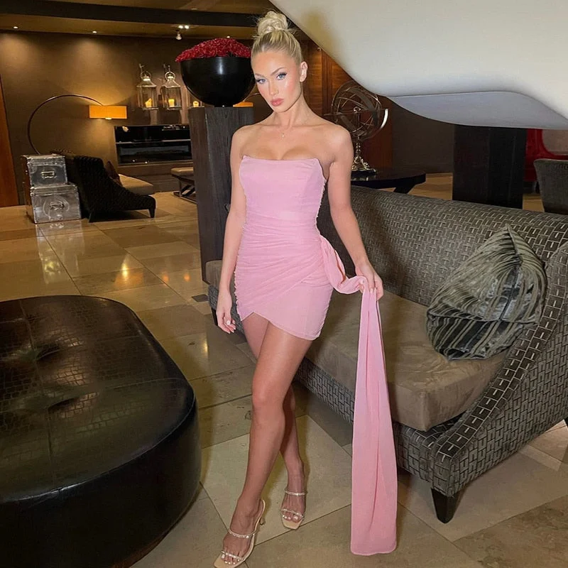 Toloer Pink Mesh Corset Draped Tube Mini Dress-Outfit Ideas