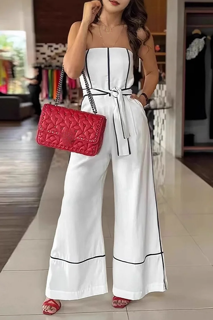 Strapless Contrast Piping Tie Belt Wide Leg Jumpsuit-White