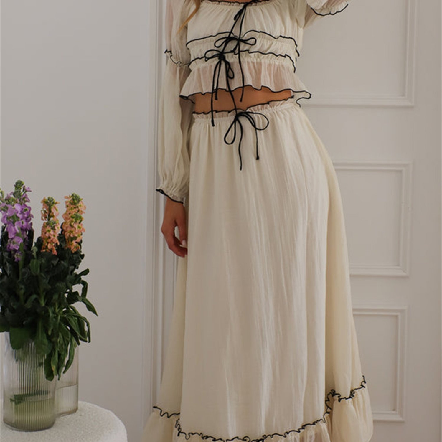 Women's Fall Skirts Outfits - Patchwork Trim Tie-Up Front Long Sleeve Off Shoulder Tops Elastic Waist Skirts 2 Pieces Clothes Set - For Women - Suitable for Autumn - Perfect for Casual Wear - Great Gift for Fashionable Women