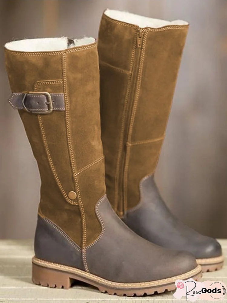 Vintage Patch Buckle Chunky Heel Zip-Up Boots Rider Boots