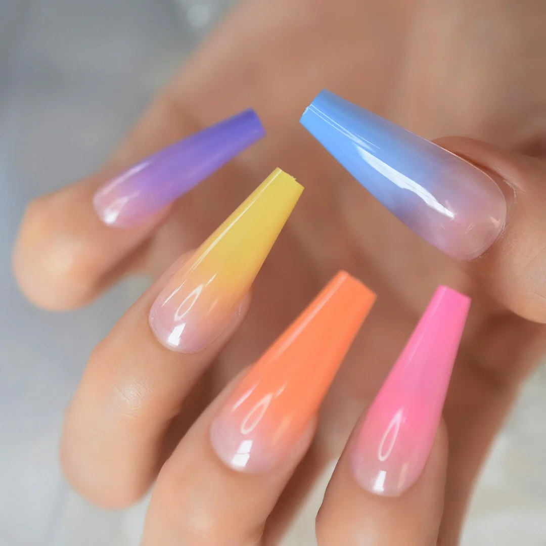 Tricolor Ice Cream Color Texture Rainbow Series Fadeing Medium Short Coffin Supplies For Professionals Wholesale Gels Nail Tips-Nail Inspo