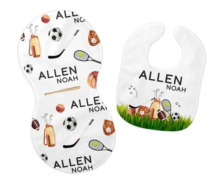 Personalized Baby Sports Bib and Burp Cloth Set|Set06