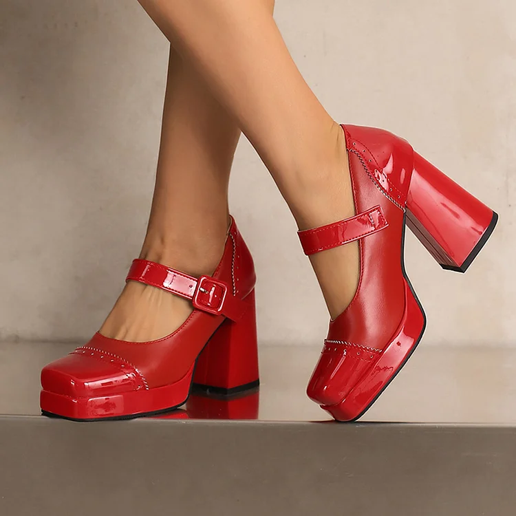 Square Toe Instep Strap Buckle Patchwork Chunky Heels