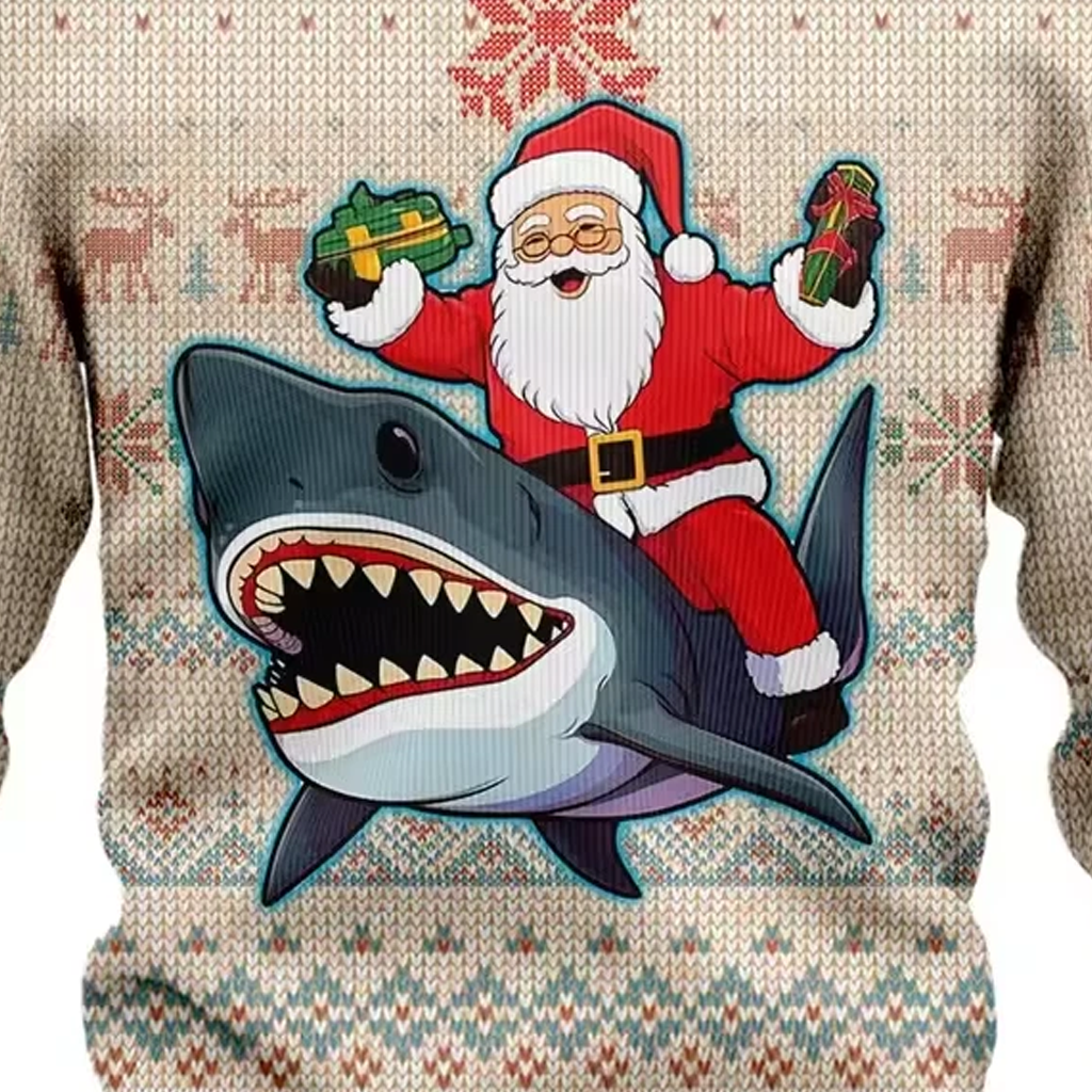 Santa Riding A Shark Ugly Christmas Sweater
