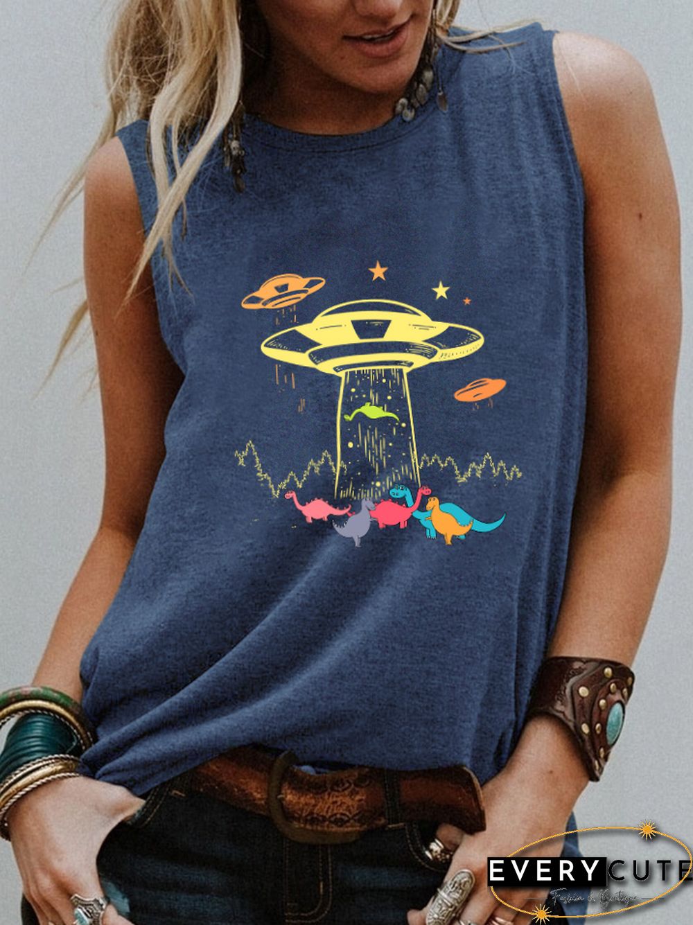 Ufo Dinosaurs Colored Tank Top Harajuku Kawaii Style Dinosaurs Sleevele Tee Women Casual 90S Aesthetic Vintage Top