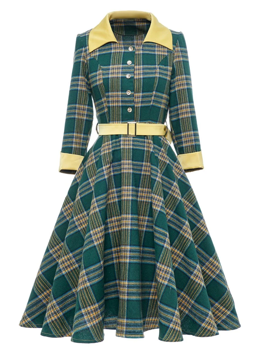 Women's Vintage Plaid Dress Colorblock 3/4 Sleeve Belted Swing Dress