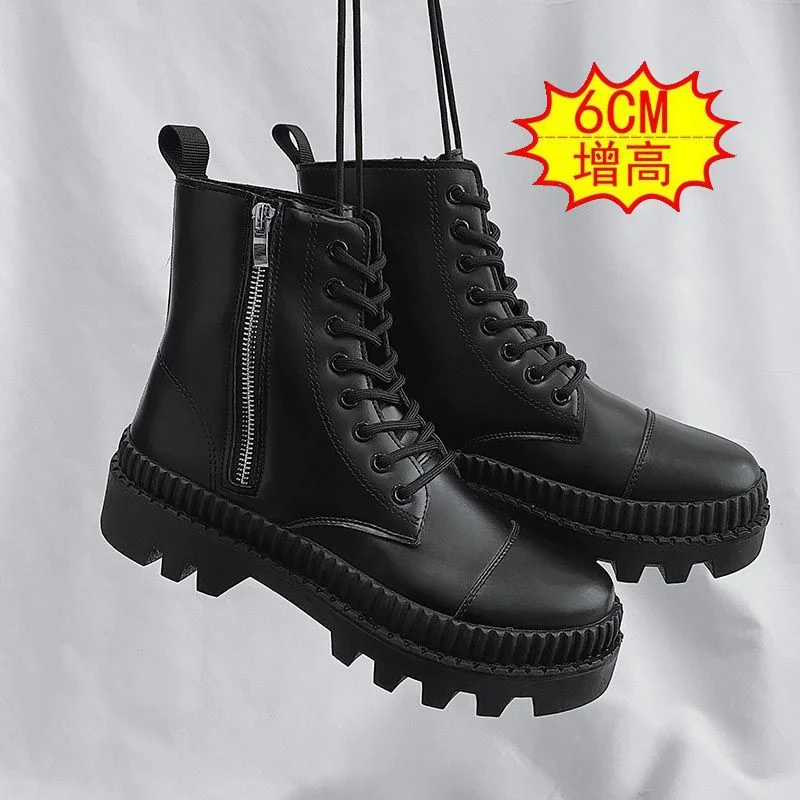 Zhungei Style Hightop Leather Boots Large Size 2023 Autumn and Winter Trend Side Zipper Boots Men Boots Motorcycle Tooling Boots