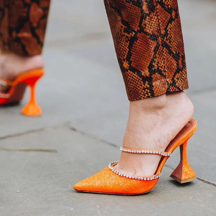 Elegant Orange Stiletto Pumps Women'S Pointed Toe Glitter Shoes Rhinestone Mule Heels |FSJ Shoes