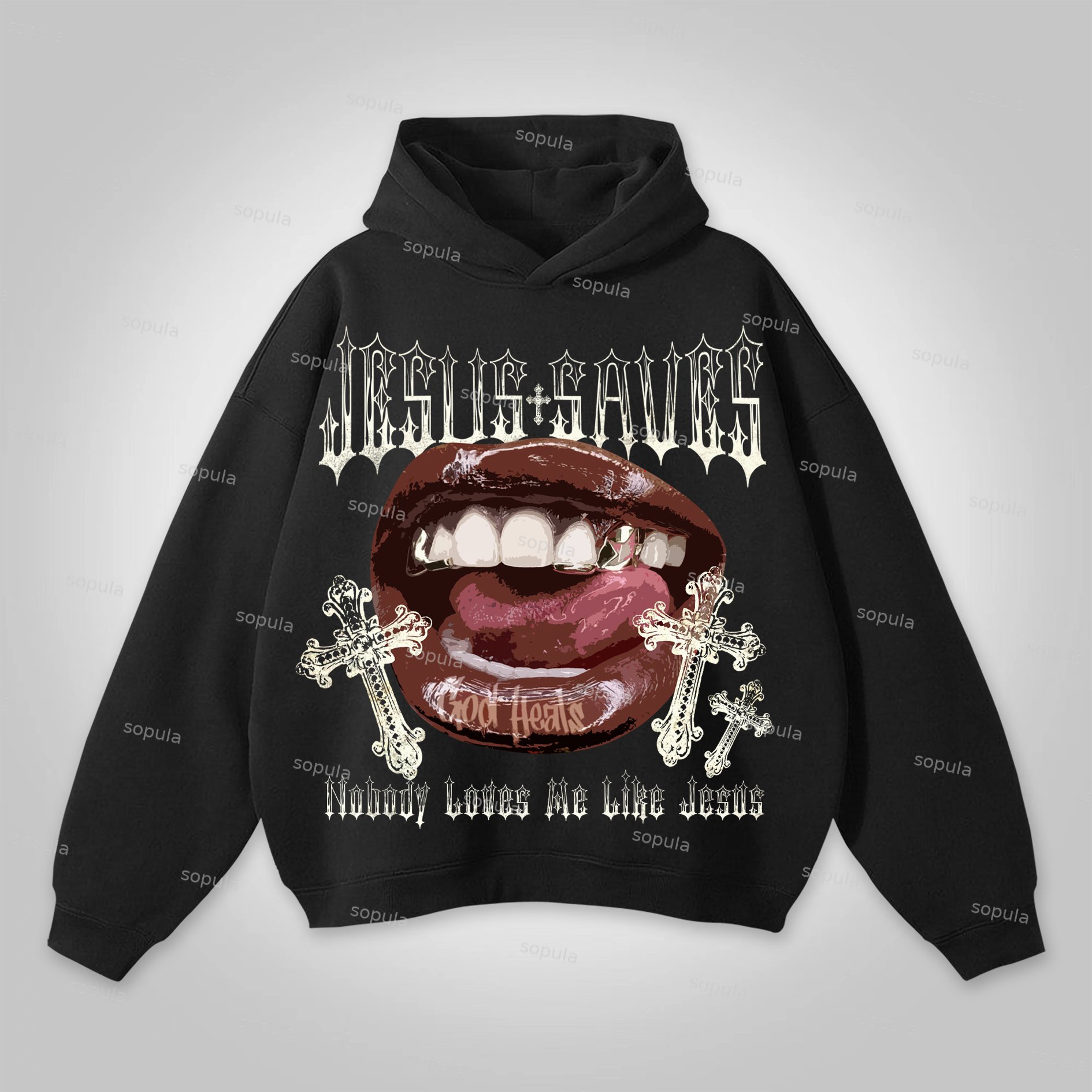 Sopula Jesus Saves Lips Cross Graphic Cotton Hoodie - SOPULA