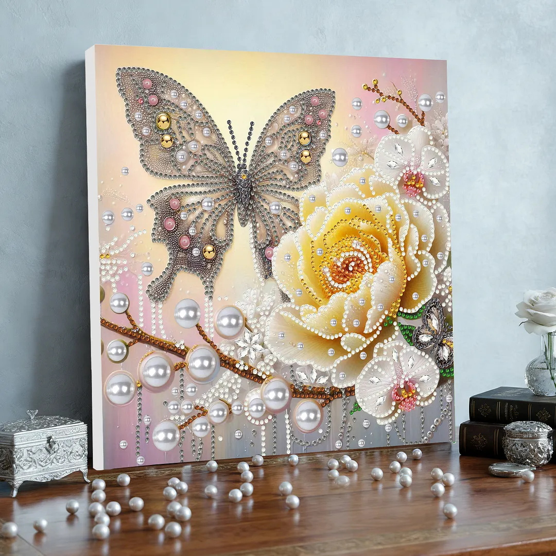 Yellow Butterfly DIY Special Shape Drill Diamond Art Pearl Painting Kit with Frame 25x25cm Art Craft Pearl Diamond Painting for Adults Beginners Home Decor
