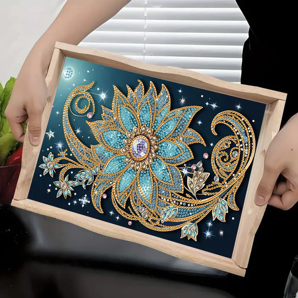 Wooden Decorative Flowers 5D DIY Diamond Painting Tray Art Craft with Handle