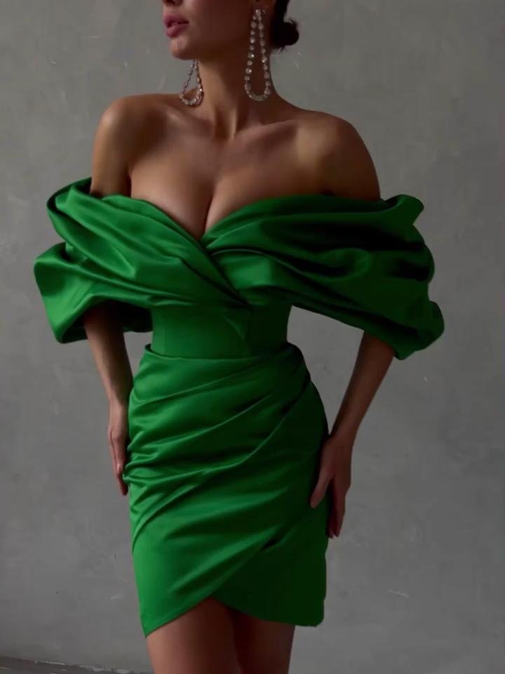 Promsstyle Sexy low cut off shoulder high waist green ruched mini cocktail dress