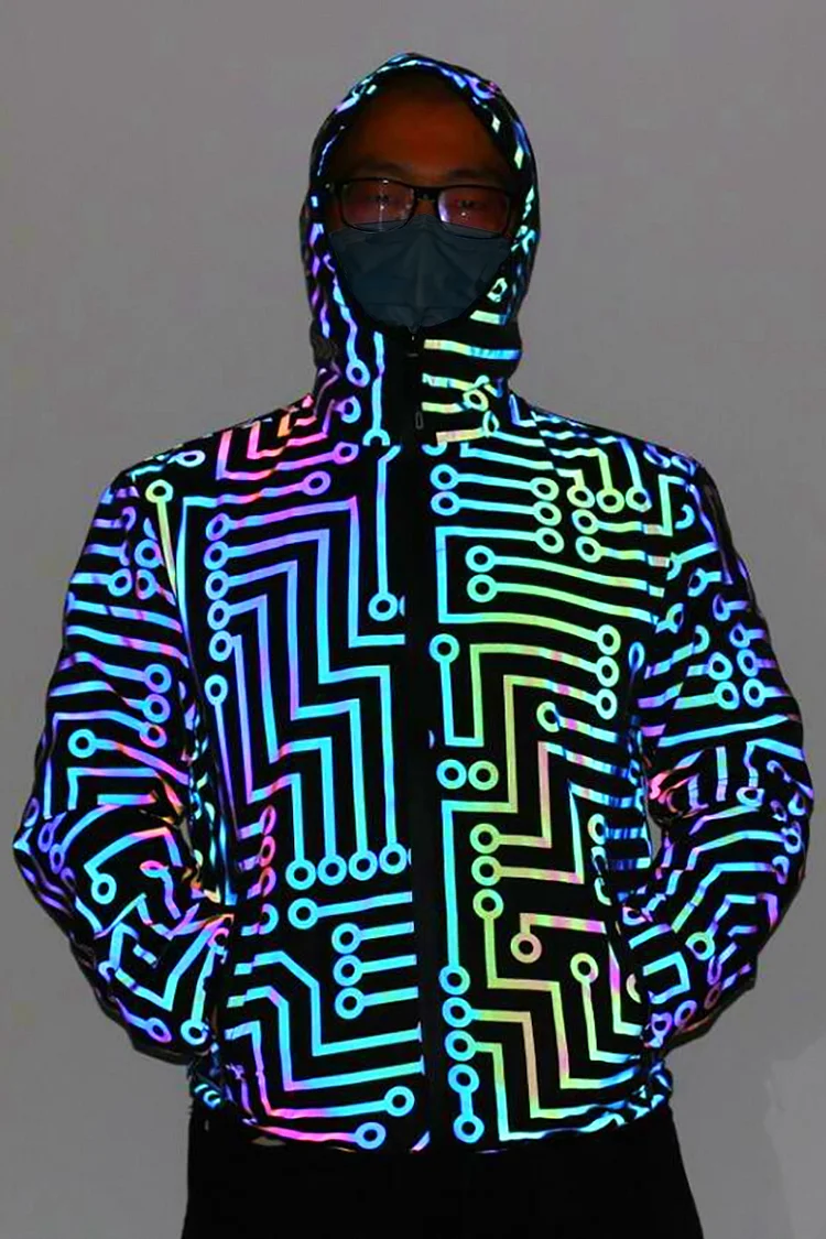 Fluorescent Circuit Pattern Reflective Hooded Zipper Festival Jacket