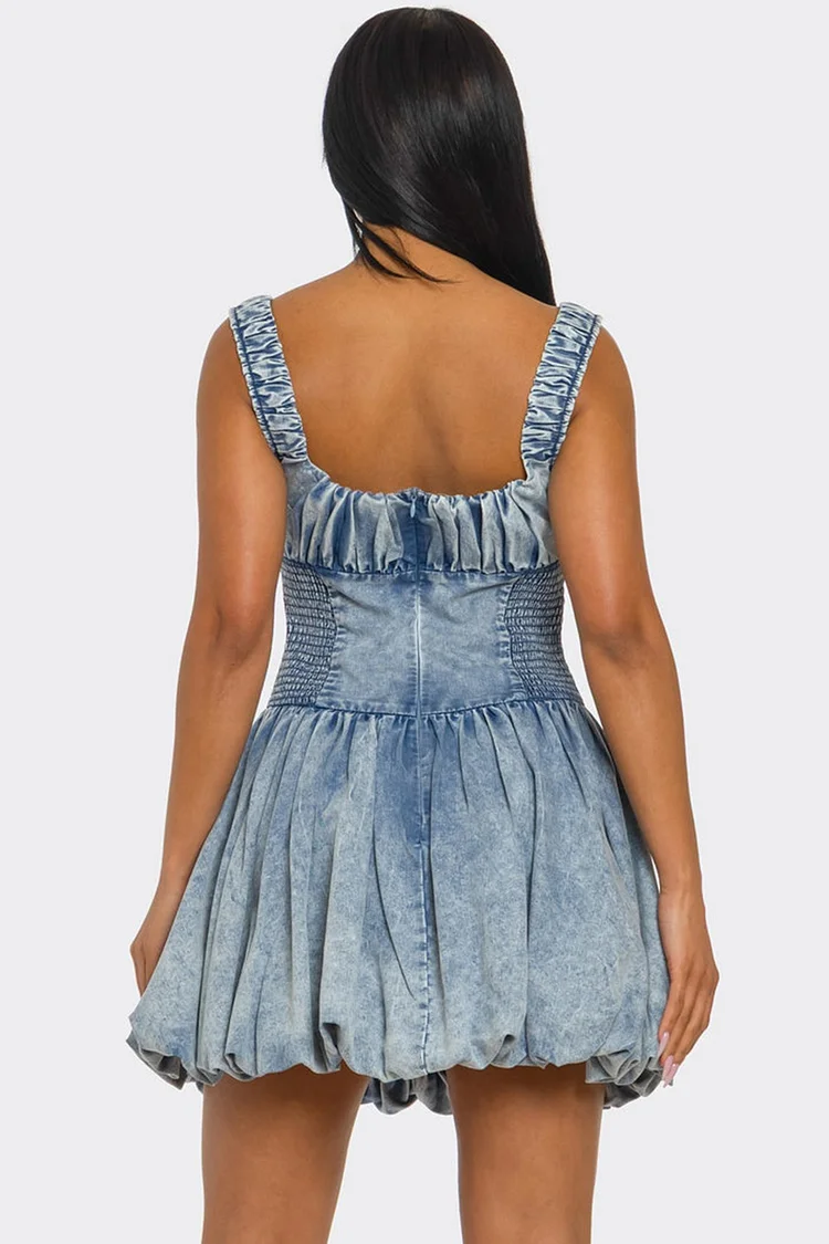 Plus Size Daily Blue Square Neck Bubble Milkmaid Smocking Denim Mini Dresses [Pre-Order]