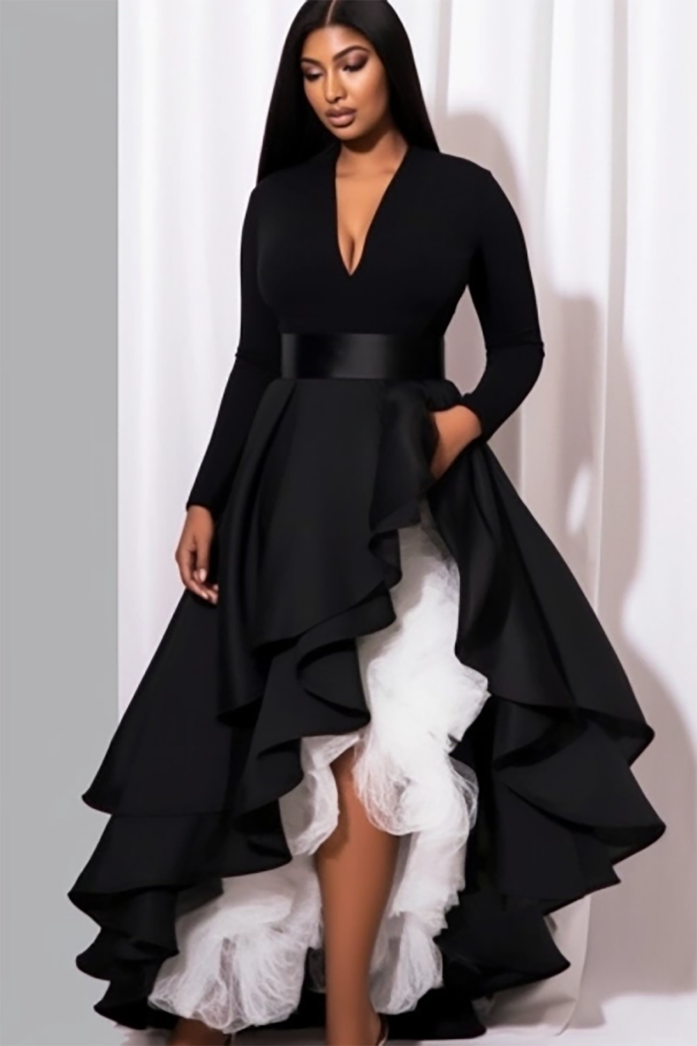 Design Plus Size Semi Formal Maxi Dresses Elegant Black Fall Winter V Neck 3/4 Sleeve Contrast Knitted Maxi Dresses [Pre-Order]