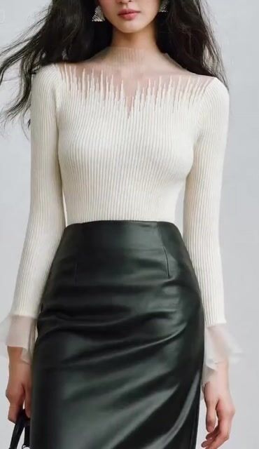 White Solid Tulle Patchwork Knitting Cotton Top Flare Sleeve