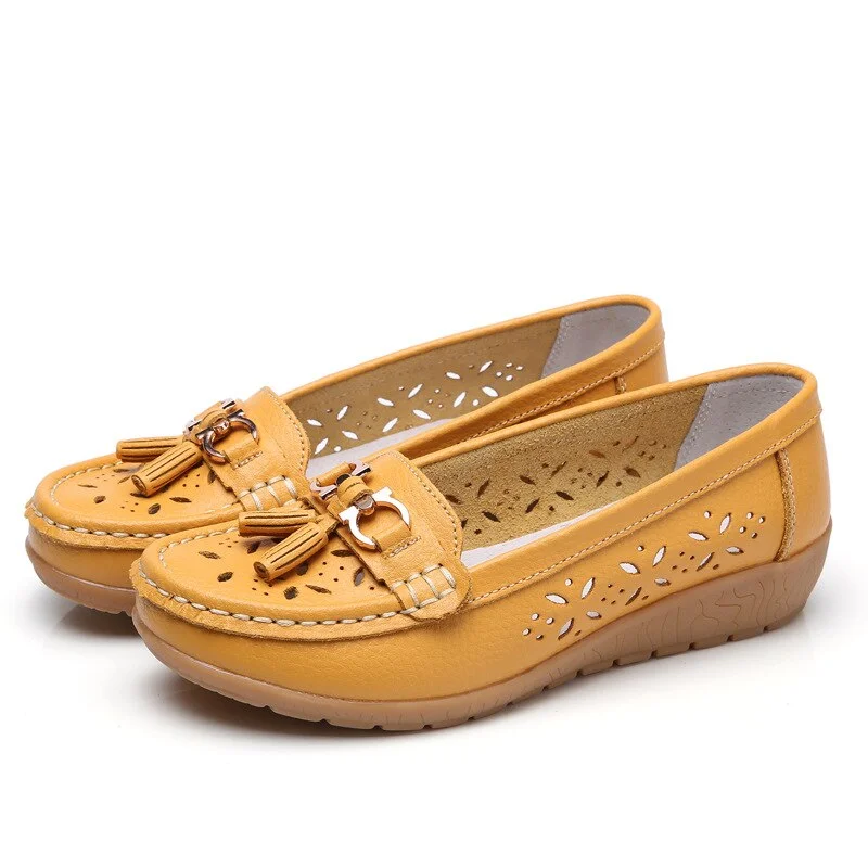 2020 New Summer Leather Women's Shoes Moccasins Platform Shoes Soft Boat Shoes Fashion Cutout Flats Casual Low Heel Nurse Shoes