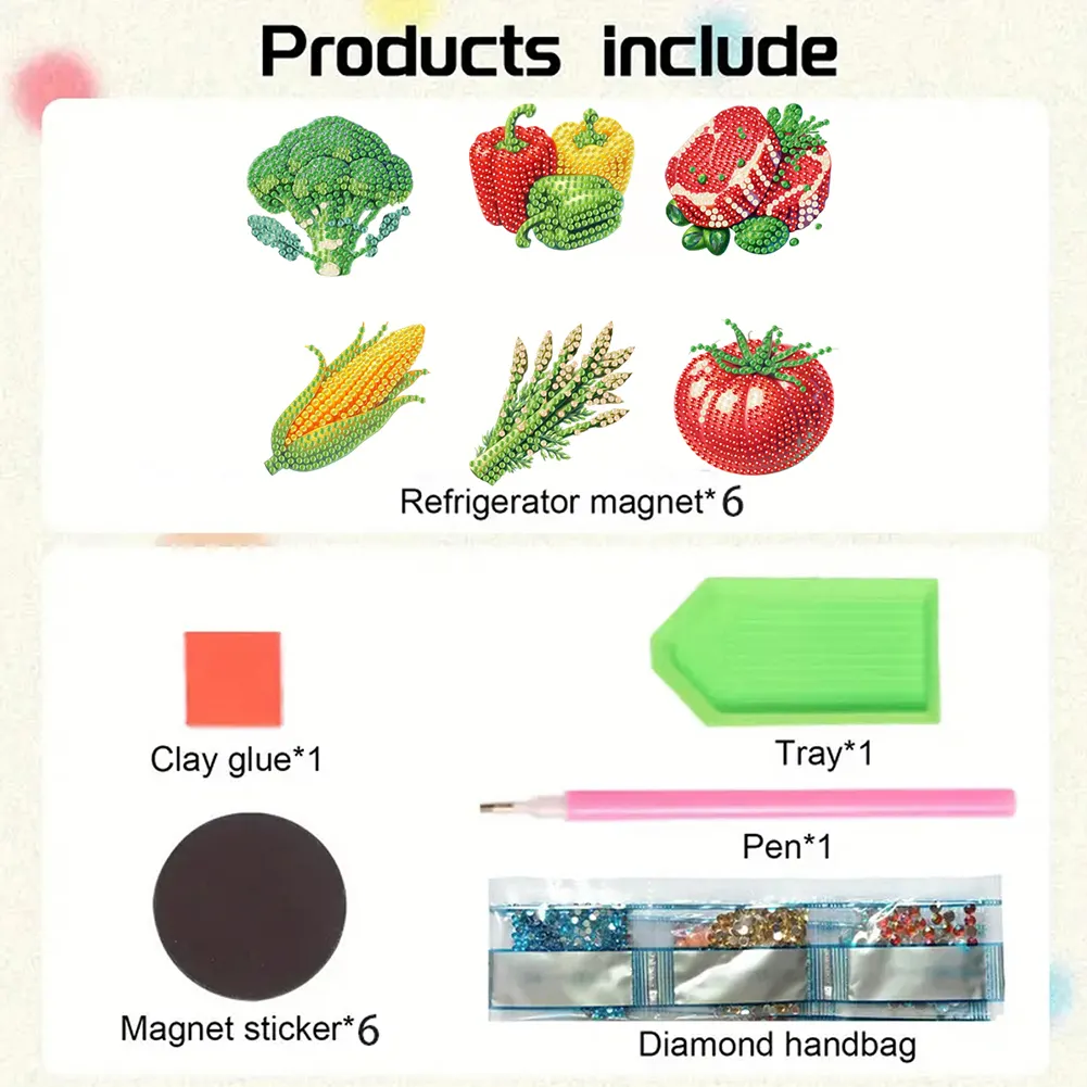 6Pcs Acrylic Vegetables Diamond Art Fridge Magnet for Car Mailbox Decor