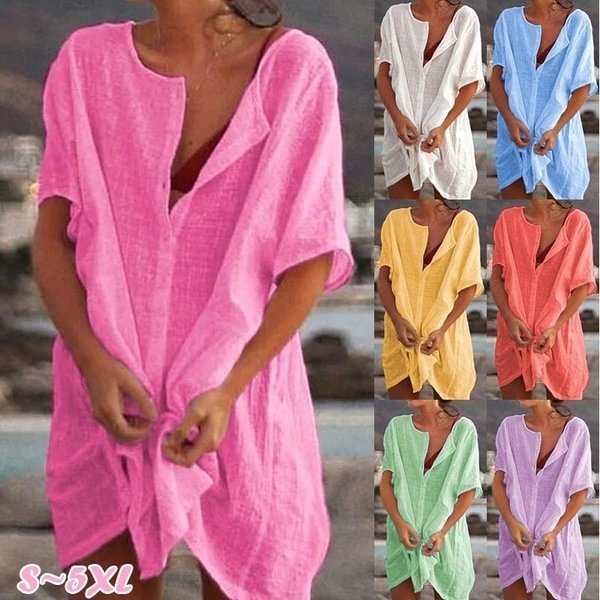 S-5XL Womens Fashion Summer Short Sleeve Long Blouses Deep V-neck Loose Party Dress Ladies Casual Loose Solid Color Plus Size Beach Wear Cover-up Short Linen Dress - BlackFridayBuys