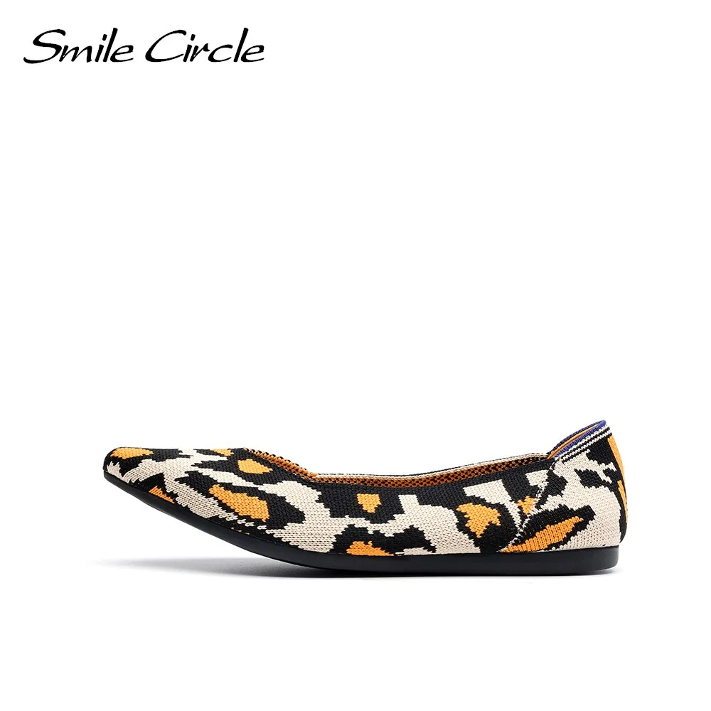 Smile Circle Womens Ballet Flats knitted fashion Leopard Pointed-toe cozy work shoes slip-on ladies flats light driving loafers