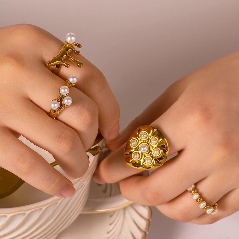 Vintage Style Modern Style Minimalist Geometric 304 Stainless Steel Artificial Pearls 18K Gold Plated Irregular Open Rings