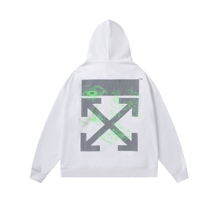 Off White Hoodie Autumn and Winter Fluorescent Green Luminous Machinery Drawing Elements Hooded Sweater for Men and Women