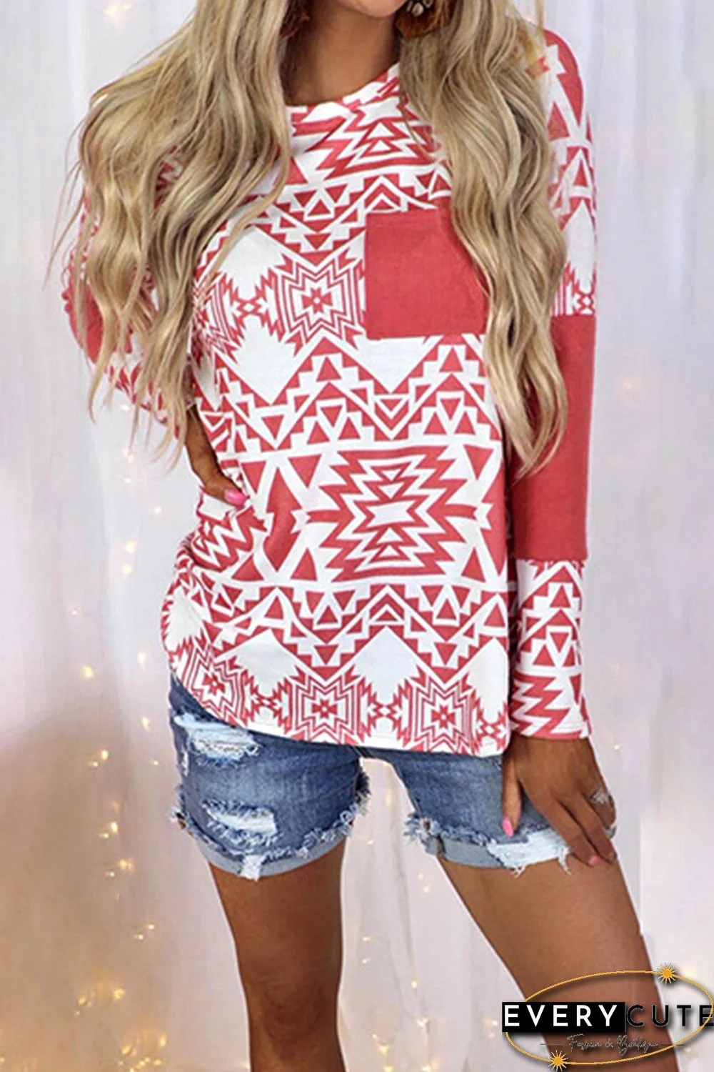 Red Aztec Print Splicing Pocket Long Sleeve Top