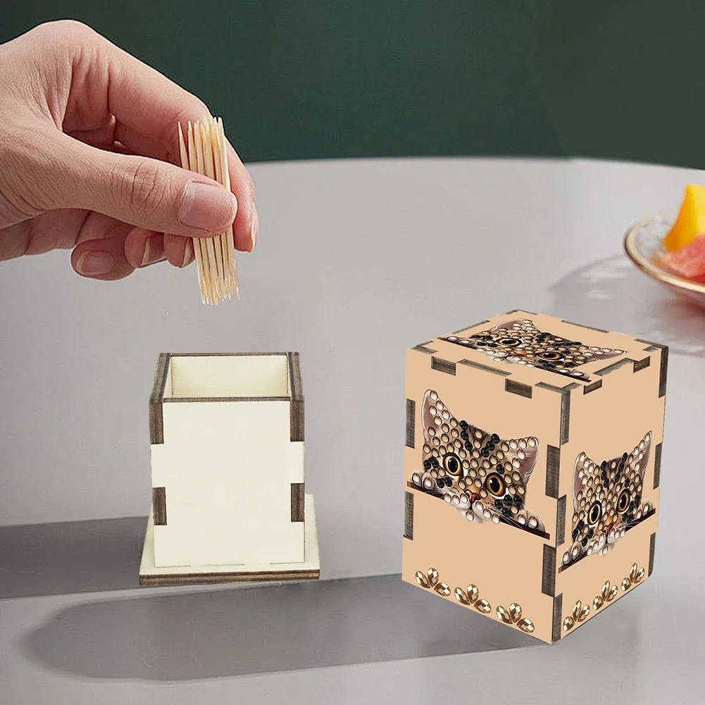 5D DIY Diamond Art Handmade Toothpick Holder Rhinestone Toothpick Box (Kitten)