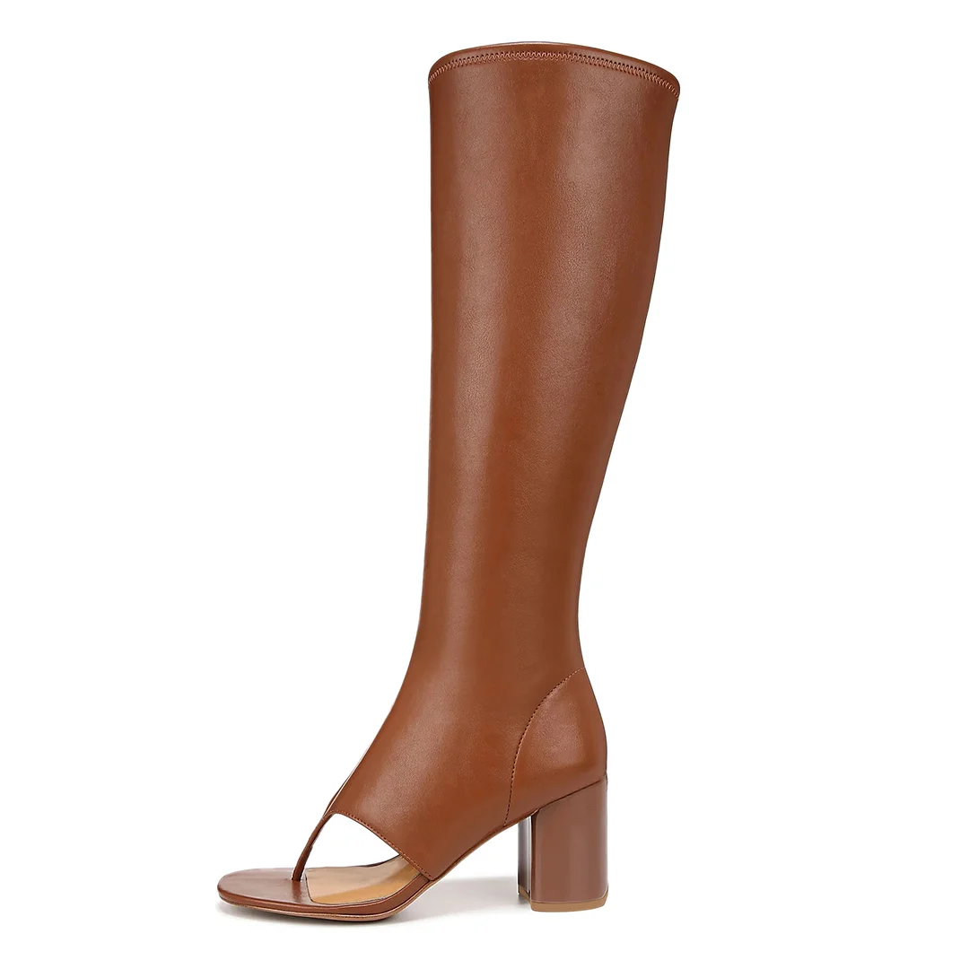 Vegan Leather Open Square Toe Side-Zip Brown Knee-High Boots