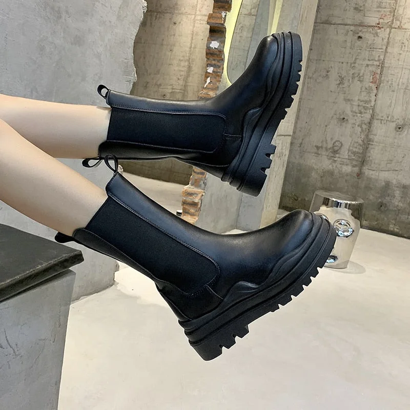 INS Platform Chelsea Boots Genuine Leather Round Toe Women's Short Boots All Season Party Shoes All-match Botas Femininas