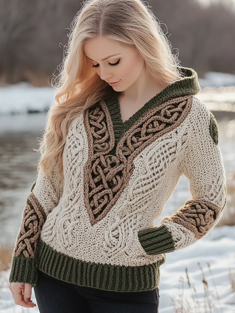 Women's Irish Celtic Knotted Jacquard Pocket Ireland's Hooded Sweater