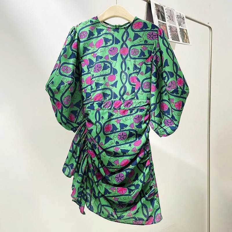 ABEBEY Print Casual Dress For Women O Neck Puff Short Sleeve High Waist Slimming Hit Color Dresses Female New Clothes 2023