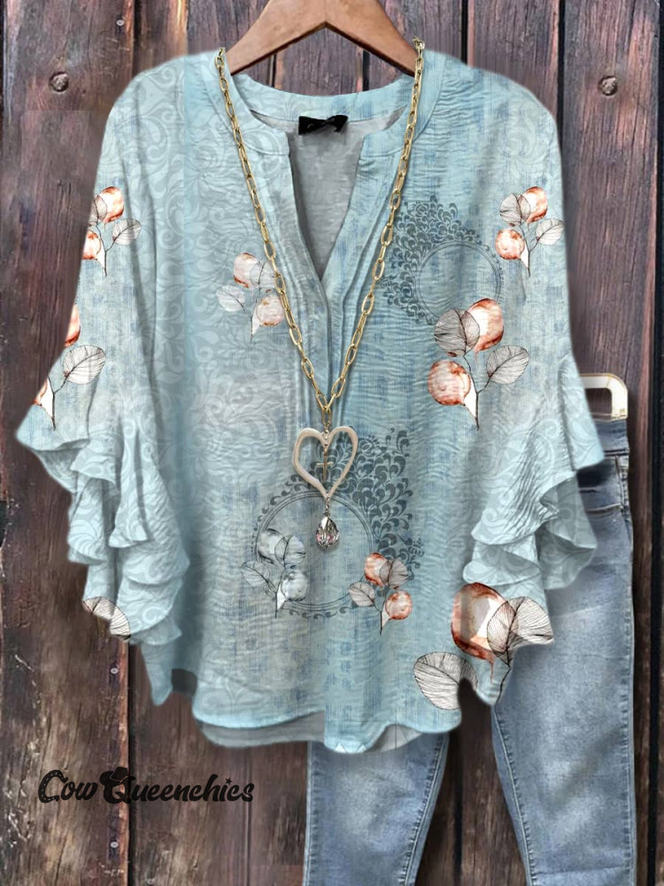 Women&rsquo;s Blue Flower Print Casual Cotton And Linen Shirt Multicolor / S