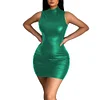 High Street Stretch Solid Color PU Mini Dress for Womens Sexy Sleeveless Short Club Dress Bodycon Matte Faux Leather Party Dress