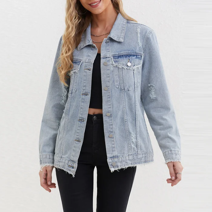 Women's Denim Jacket Loose Large Size Mid-length Raw Edge Denim Top