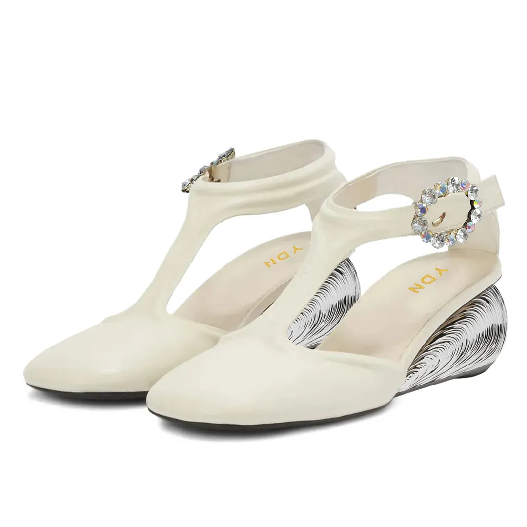 Ivory Vegan Leather Closed Toe T-Strap Low Heel Pumps for Women