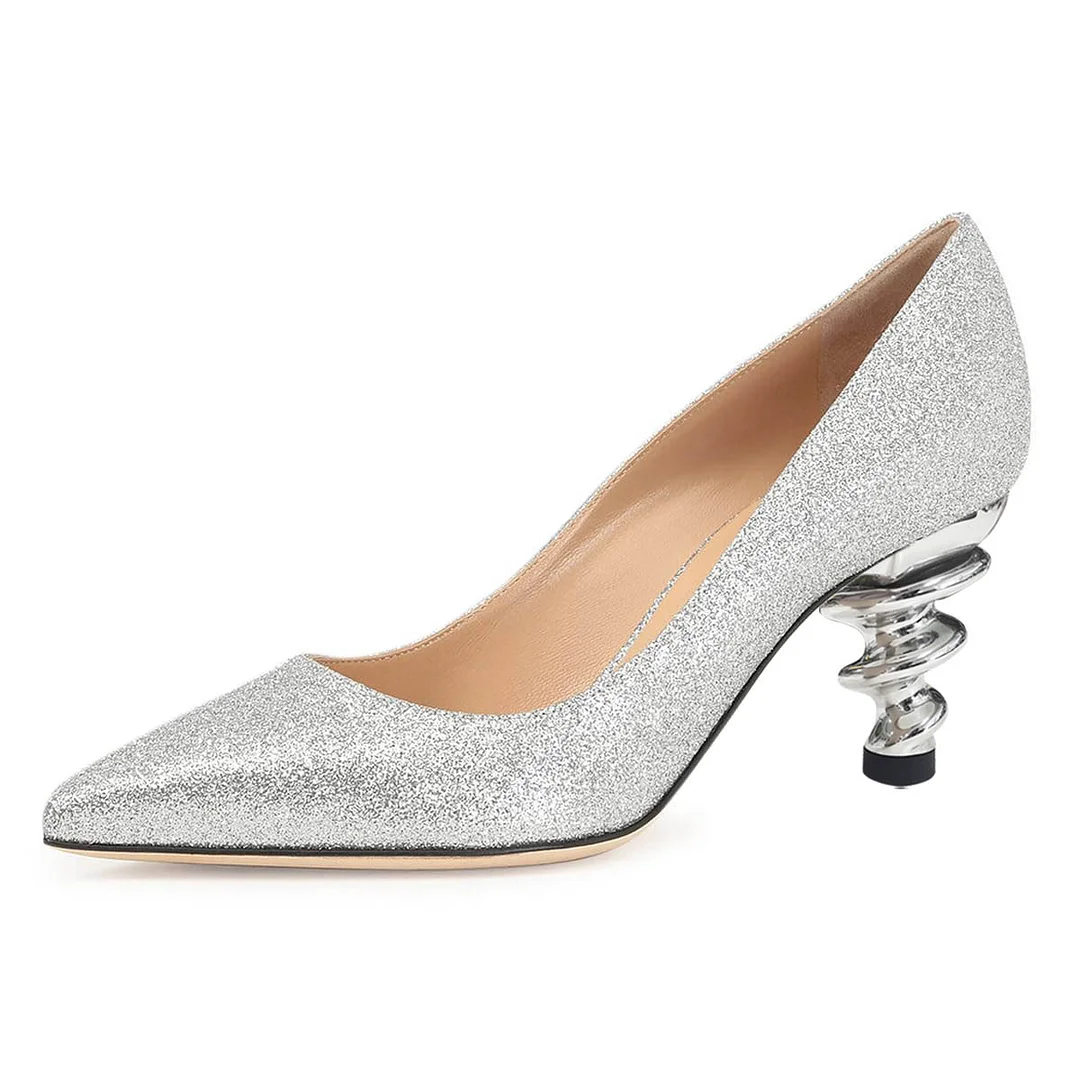 Shiny Silver Pointed Toe Slip-On Spiral Heel Glitter Pumps Shoes