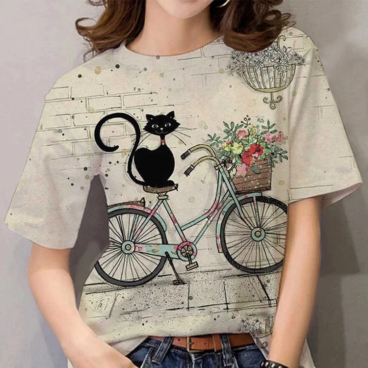 Women's Cute Cat Print T-Shirt Crew Neck Short Sleeve 3D Cat Animal Print Tee