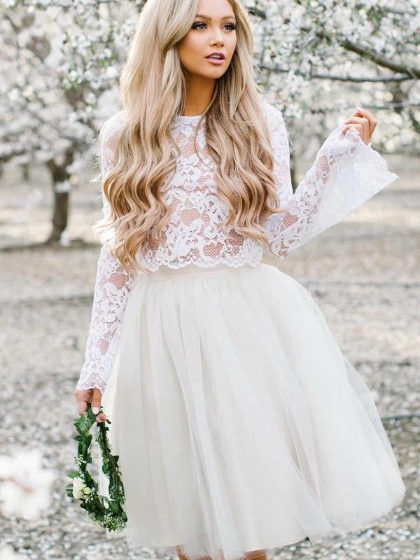 Gorgeous A-line White Lace Two Pieces Homecoming Dress Short Prom Dresses With Lace 