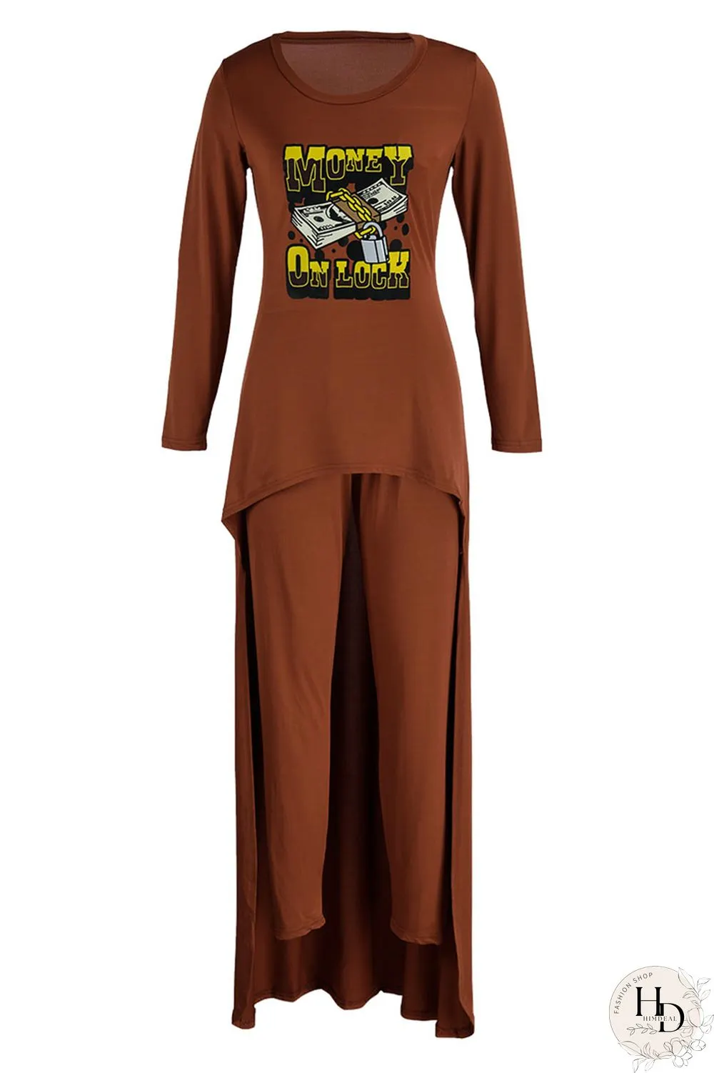 Deep Coffee Casual Print Patchwork O Neck Long Sleeve Two Pieces